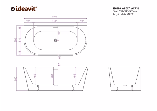 Ideavit ALEXA ACRYL wandgemonteerd bad technische tekening