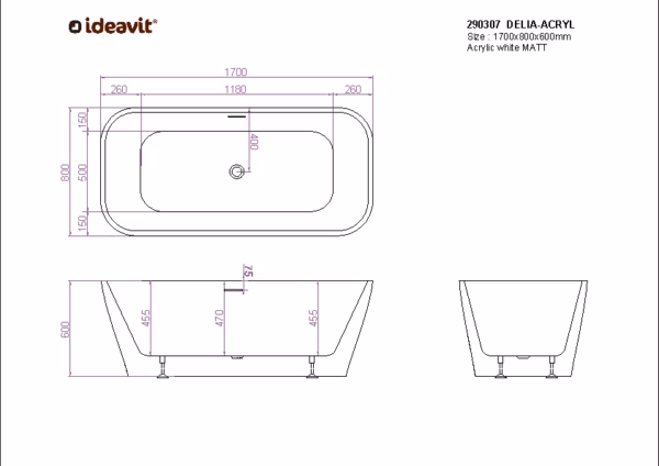 Ideavit DELIA ACRYL vrijstaand bad technische tekening