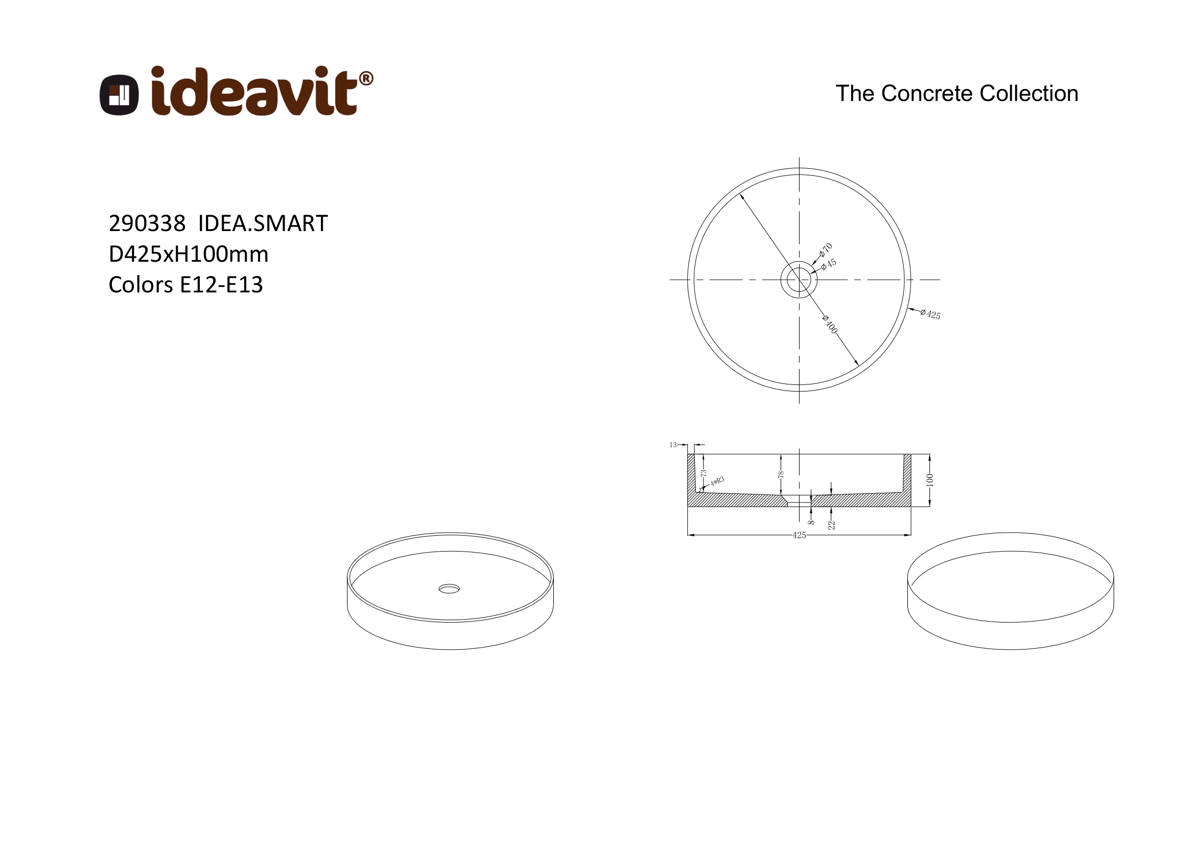 Ideavit IDEA SMART terrazzo vrijstaande wastafel rond technische tekening