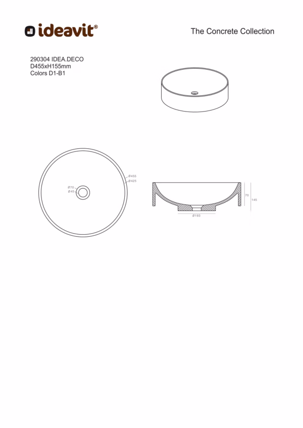 Ideavit IDEA.DECO betonnen vrijstaande wastafel rond technische tekening
