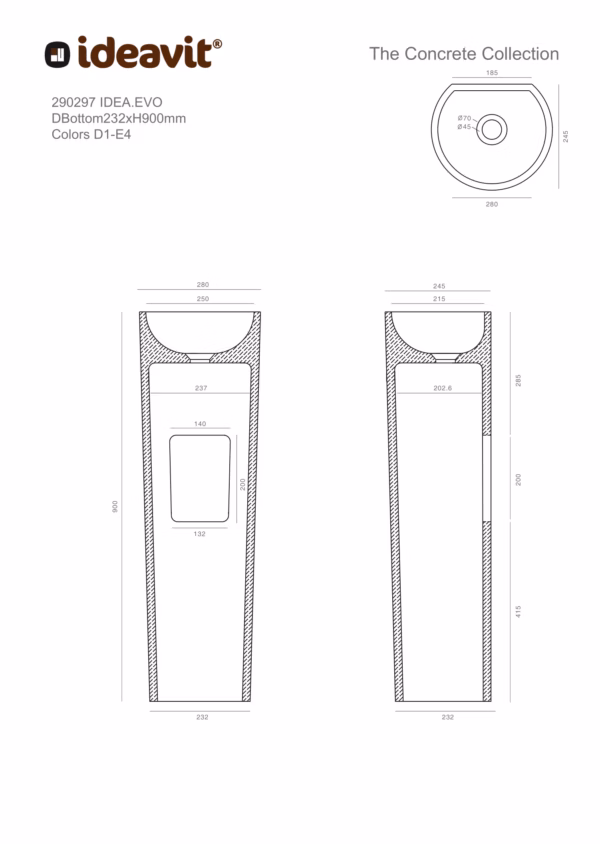 Ideavit IDEA.EVO wastafel op voetstuk technische tekening