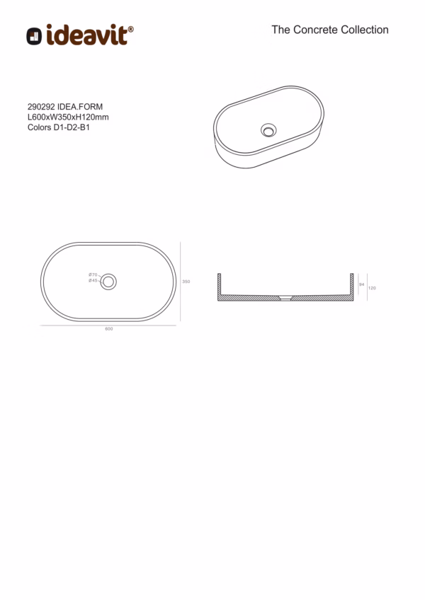 Ideavit IDEA.FORM vrijstaande wastafel ovaal technische tekening
