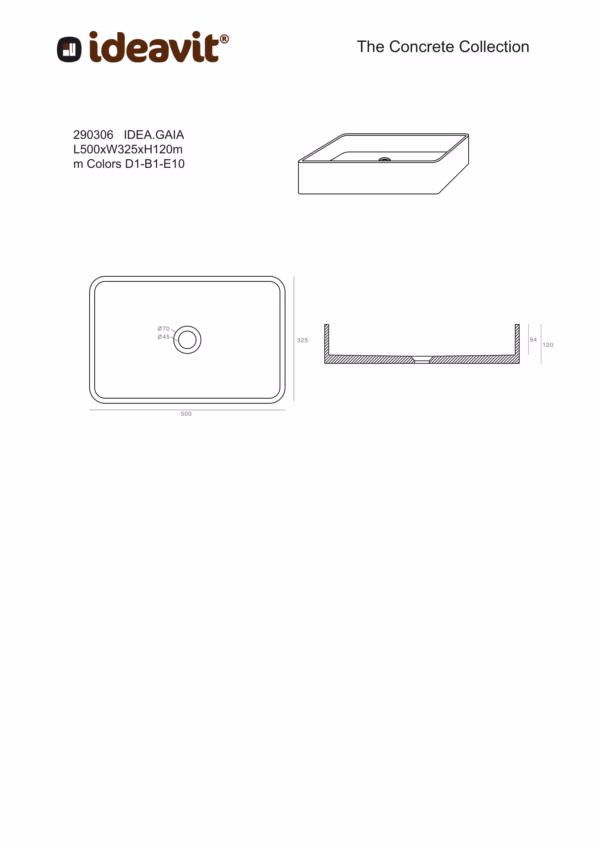 Ideavit IDEA.GAIA vrijstaande wastafel rechthoekig technische tekening