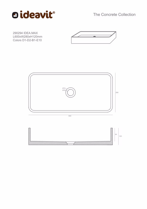 Ideavit IDEA.MAX vrijstaande wastafel rechthoekig technische tekening