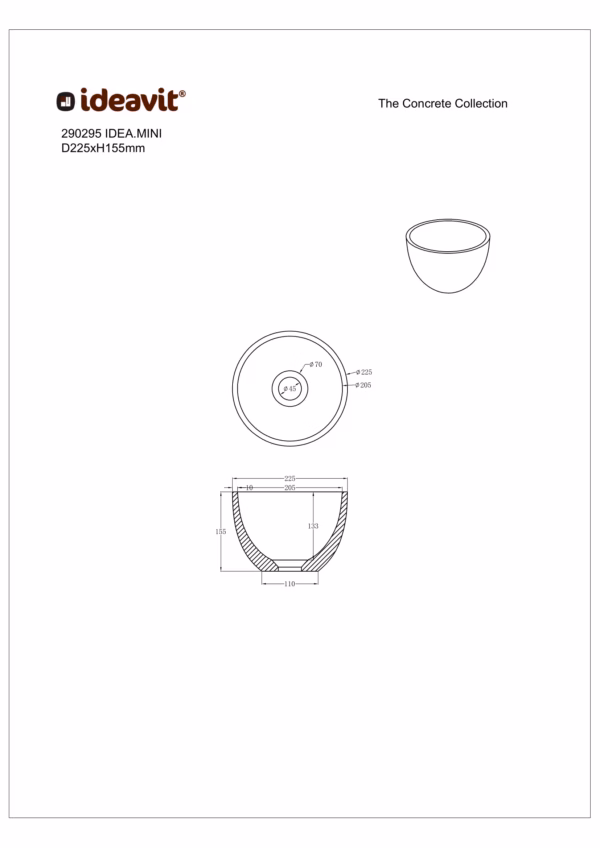 Ideavit IDEA.MINI betonnen wastafelkom technische tekening