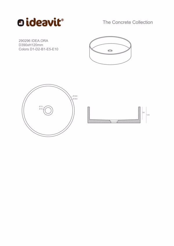Ideavit IDEA.ORA vrijstaande wastafel rond technische tekening