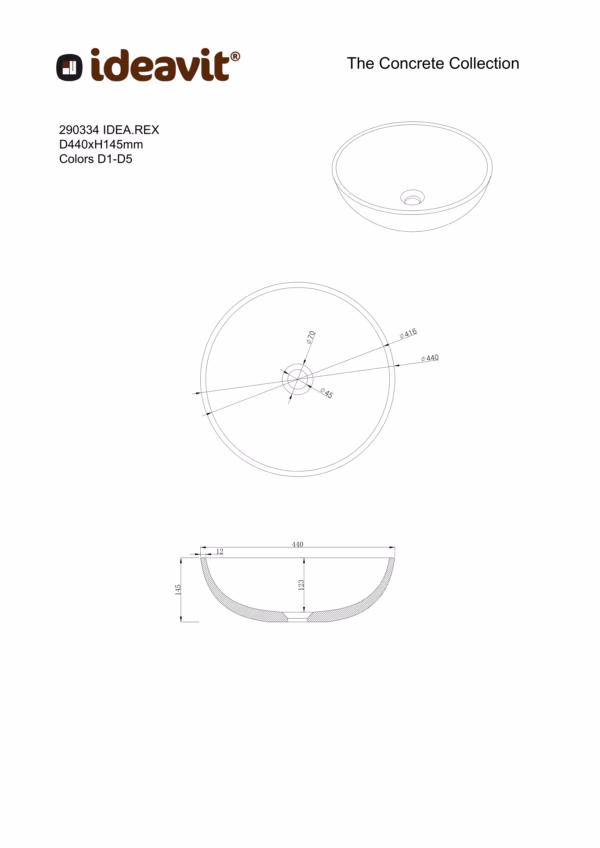 Ideavit IDEA.REX betonnen vrijstaande wastafel rond technische tekening