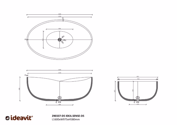 Ideavit IDEA.SENSE betonnen vrijstaand bad technische tekening