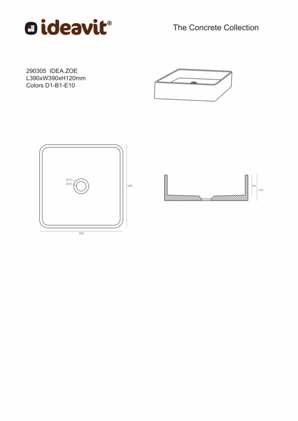 Ideavit IDEA.ZOE betonnen vrijstaande wastafel vierkant technische tekening