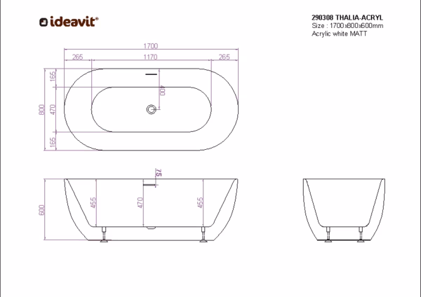 Ideavit THALIA ACRYL vrijstaand bad technische tekening