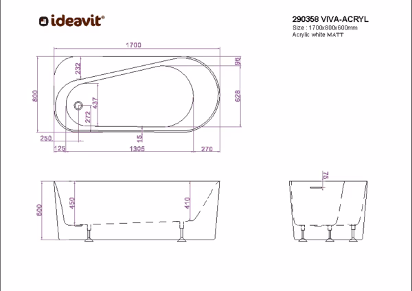 Ideavit VIVA ACRYL vrijstaand bad technische tekening